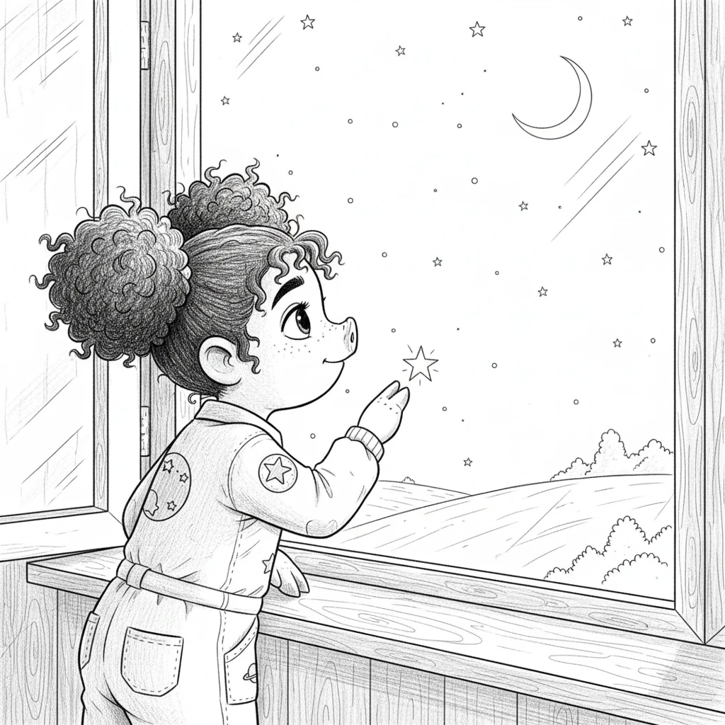 Pippa the piglet sat by her window, gazing at the twinkling night sky. She dreamt of soaring past the moon and visiting distant, sparkling stars. Her heart fluttered with the exciting possibilities of the vast universe.