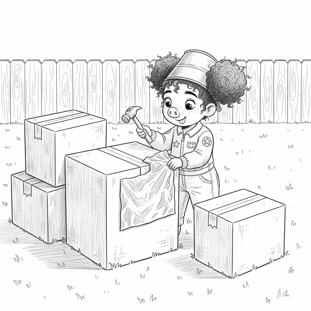 With a determined oink, Pippa began to build. Using old cardboard boxes, shiny tin foil, and a trusty bucket for a helmet, she constructed her very own magnificent spaceship in her backyard. It was a masterpiece of imagination.