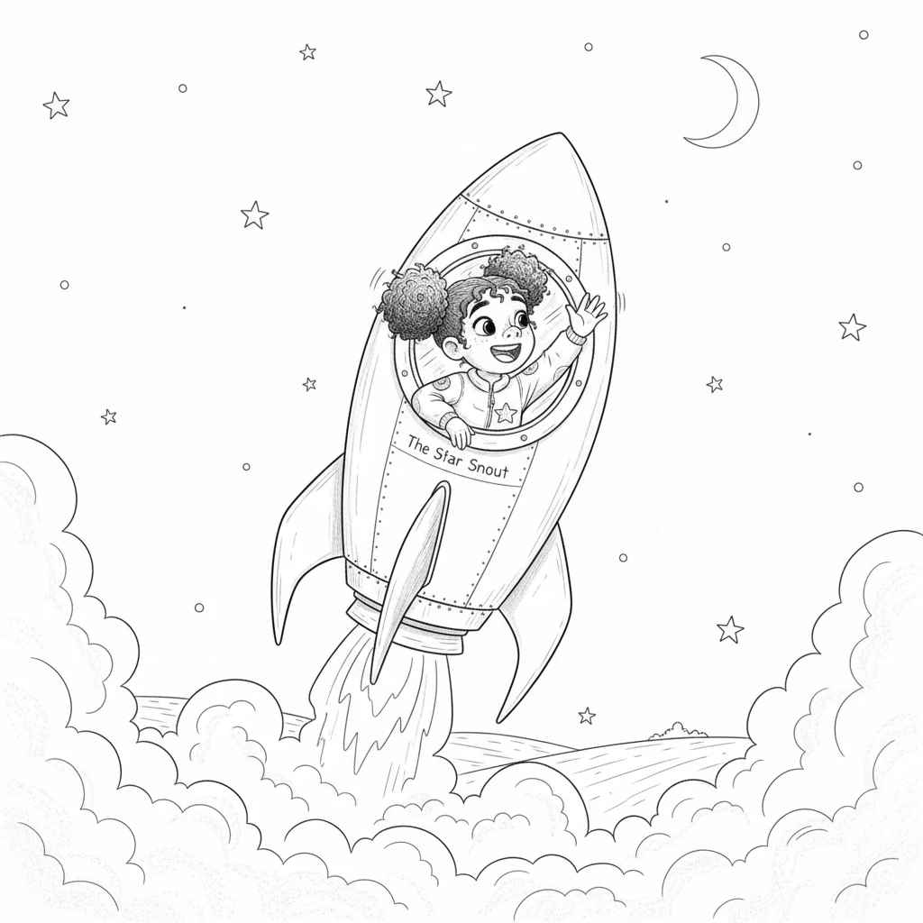 With a countdown from ten, Pippa's homemade rocket, "The Star Snout," lifted off! Smoke billowed playfully as she waved goodbye from the tiny window, her eyes wide with wonder as she ascended into the deep blue.