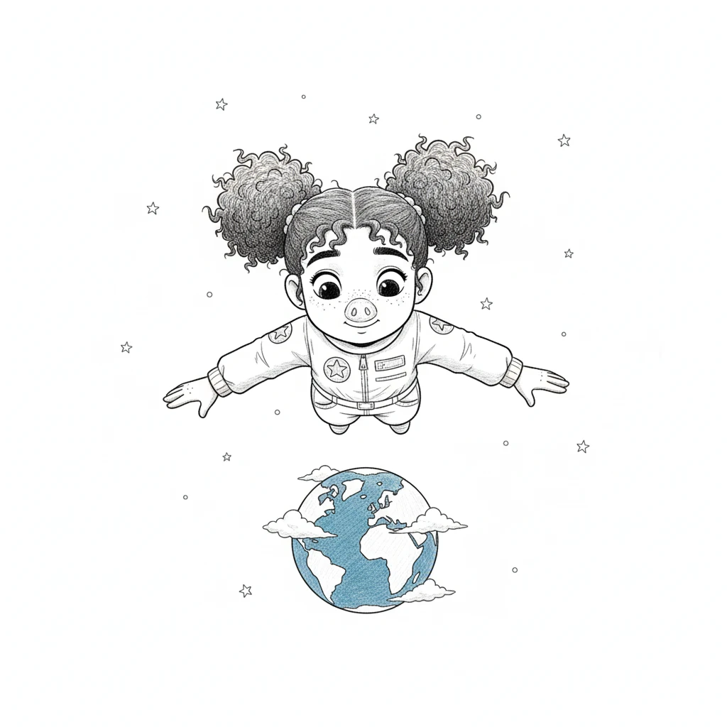 Soon, Pippa was floating peacefully in the quiet expanse of space. Below her, Earth shimmered like a beautiful blue marble, a swirl of white clouds adorning its vibrant surface. It was an awe-inspiring sight.