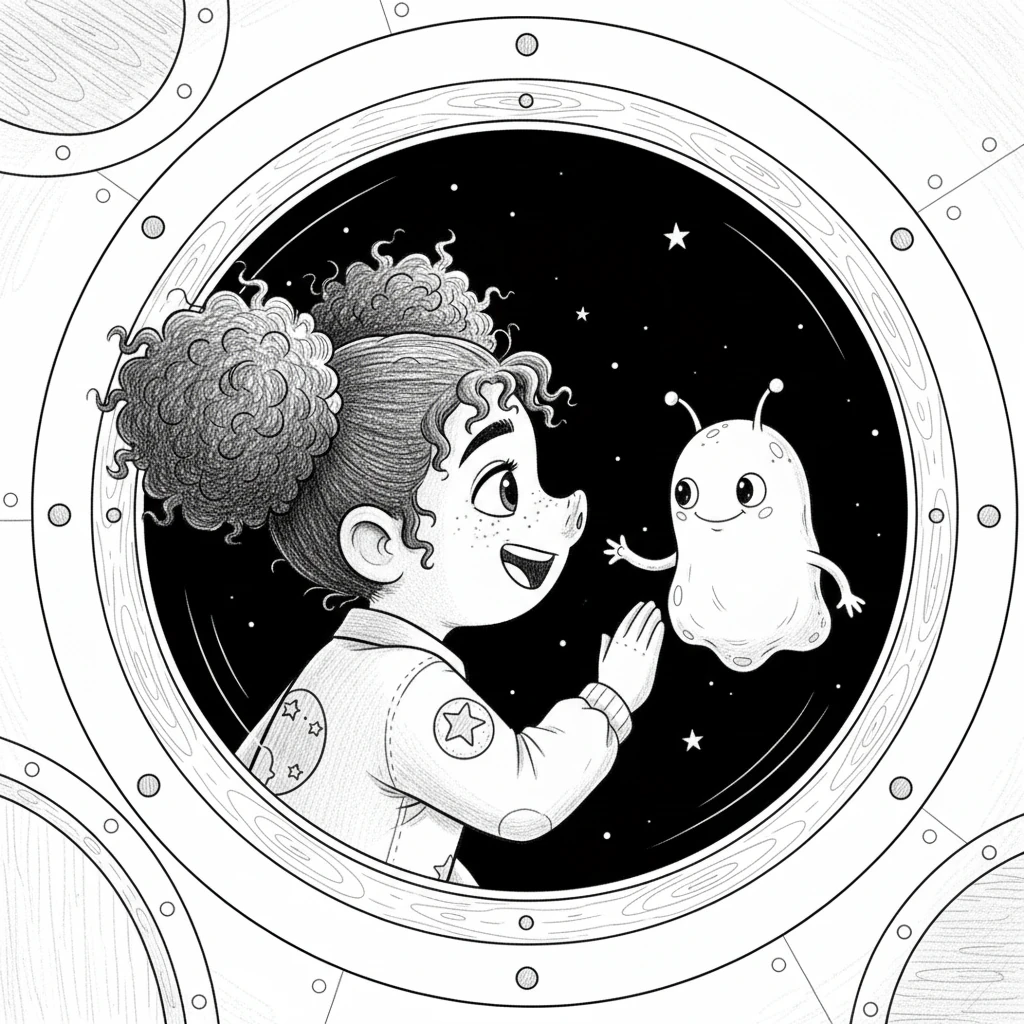 As she drifted, a curious, wobbly blob-like alien with friendly antennae floated towards her ship. It gently tapped on her window, offering a shy, silent greeting. Pippa giggled, delighted to make a new cosmic friend.