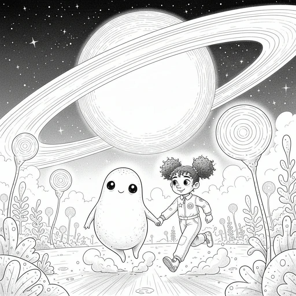 Together, Pippa and her new friend explored a nearby planet adorned with magnificent, glowing rings. Its surface was covered in strange, luminous plants that pulsed softly with otherworldly light. They felt like true explorers.