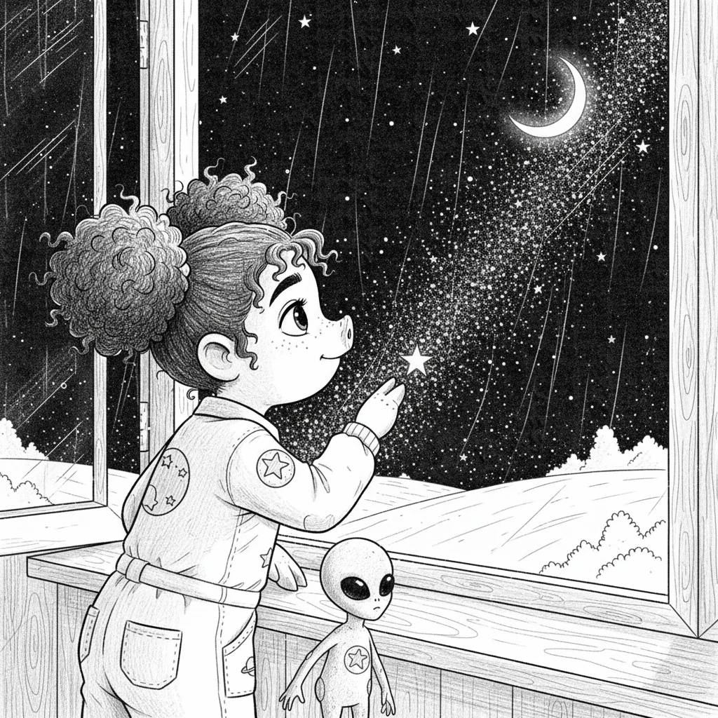 A shower of shimmering stardust began to fall around them, twinkling like tiny diamonds. Pippa and her alien companion watched in silent awe as the cosmic spectacle painted the dark sky with ephemeral beauty. It was a magical moment.