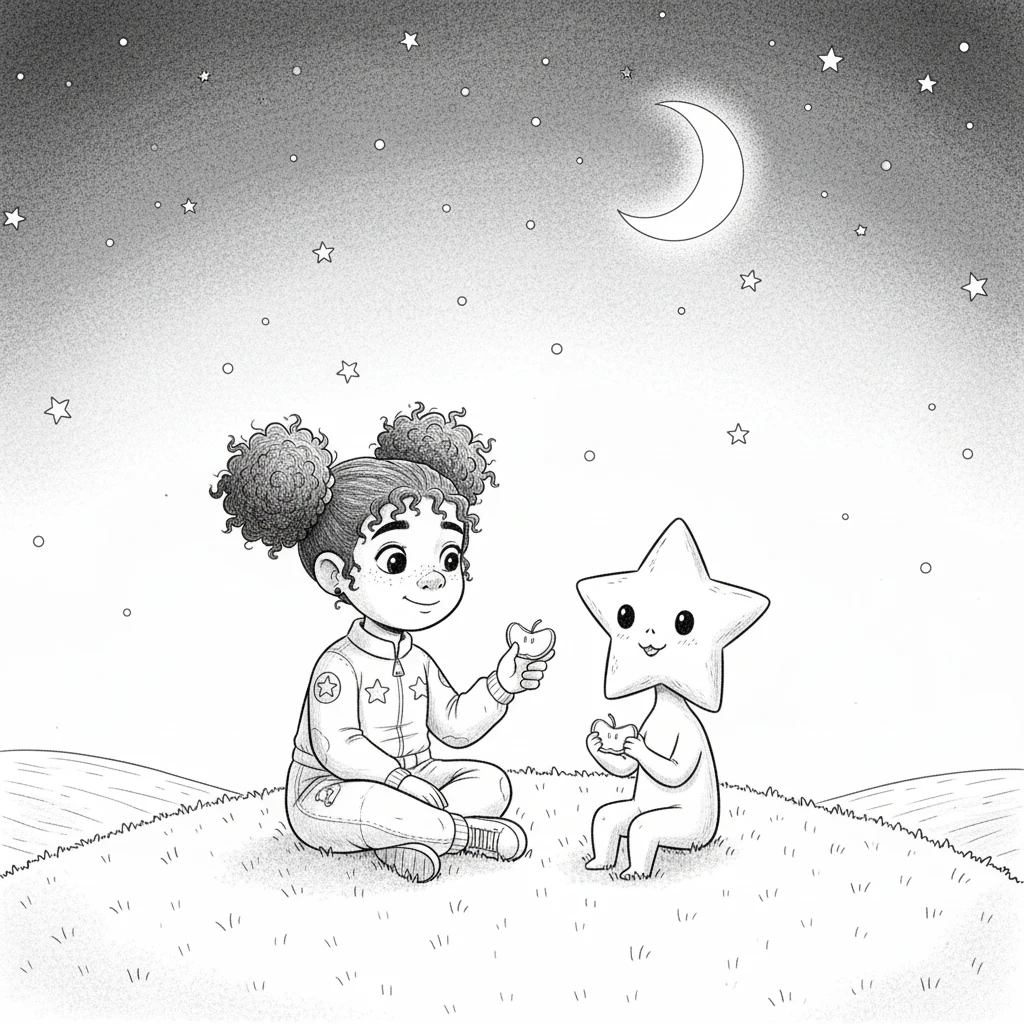 Pippa shared her favorite apple slices with her new friend, who nibbled happily with its tiny, star-shaped mouth. They sat side-by-side, enjoying the simple joy of companionship under a sky full of wonders.