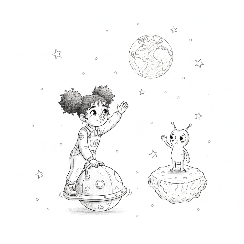 After many adventures, it was time for Pippa to return home. She gave her wobbly friend a warm hug, promising to visit again someday. Waving goodbye, Pippa gently steered "The Star Snout" back towards Earth.