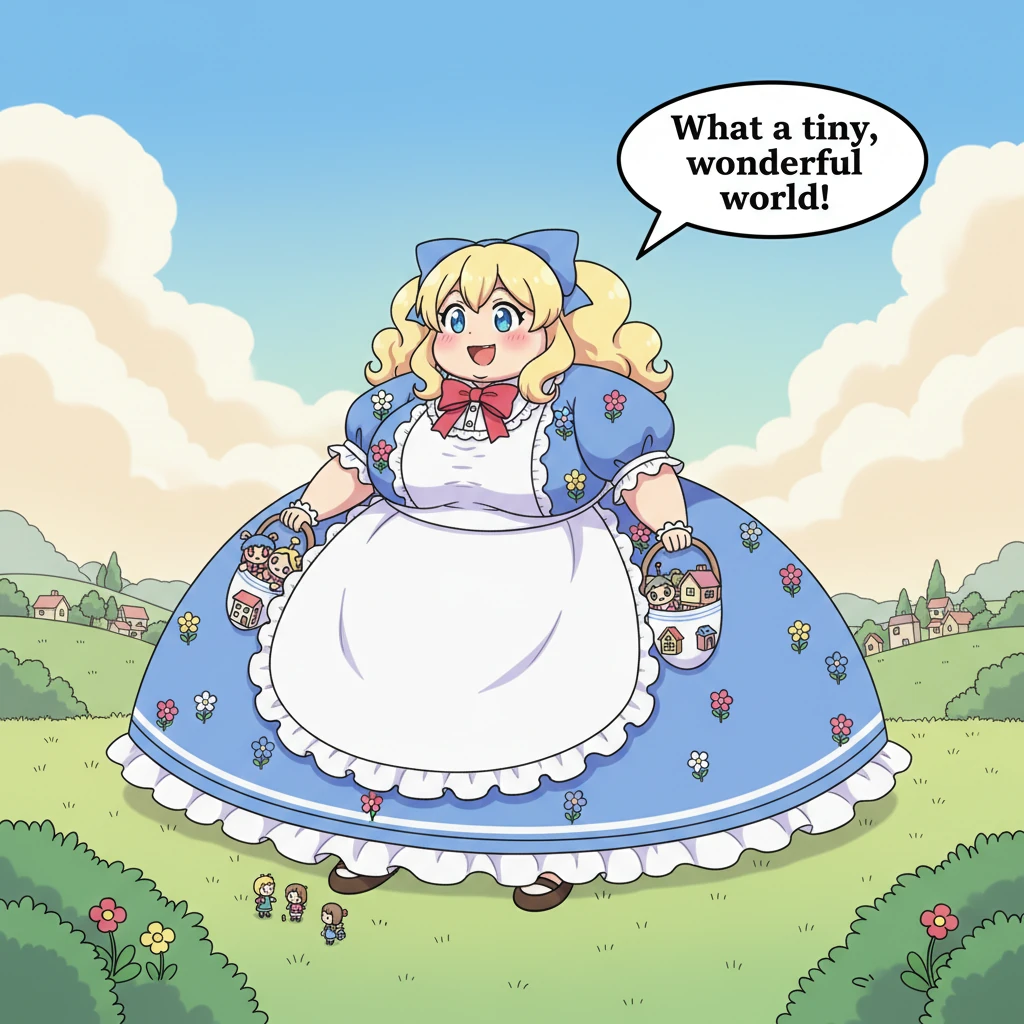 Alice Margatroid, a truly colossal figure, sat comfortably in a fantastical meadow, her form so immense that rolling hills barely reached her knees. H