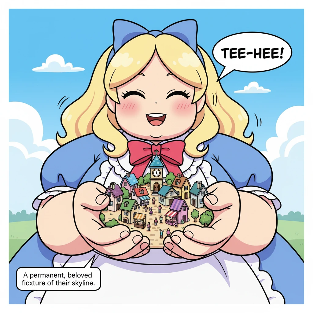 A tiny village, complete with charming cottages and a bustling marketplace, nestled snugly between her colossal fingers, appearing no larger than a ch