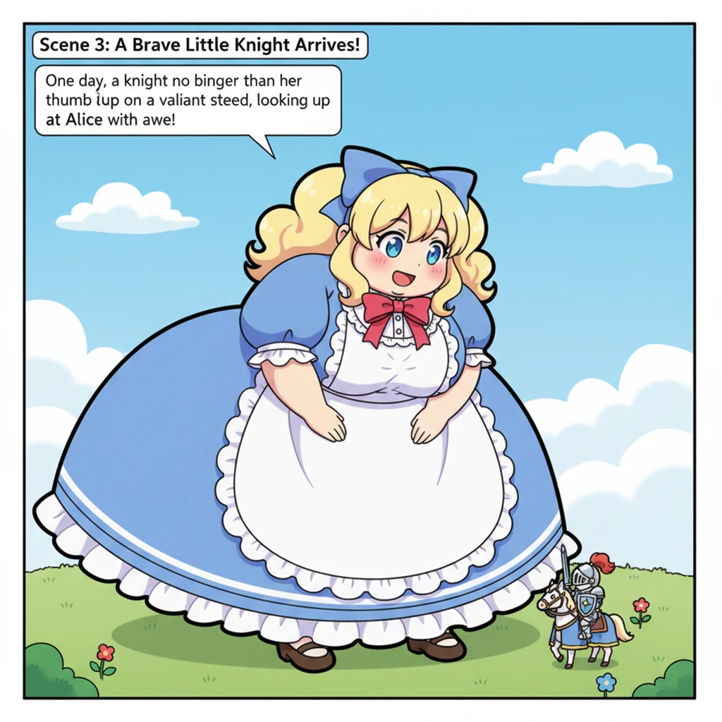 One day, a brave little knight, no bigger than Alice's thumb, rode up on an equally tiny, valiant steed, his miniature armor gleaming. He paused at th