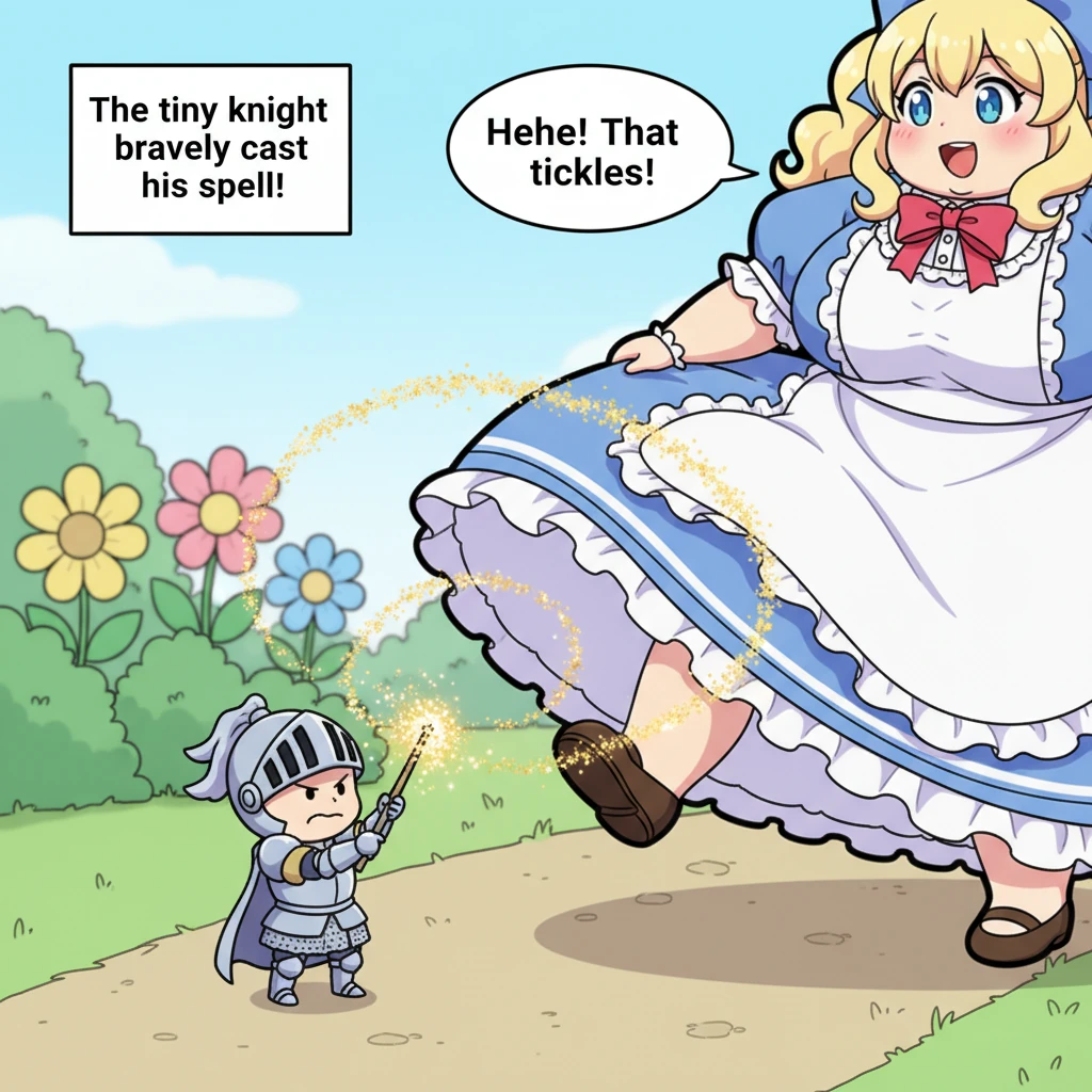 The tiny knight, after a moment of brave contemplation, brandished a miniature, glowing wand and pointed it at Alice, a determined frown on his face.