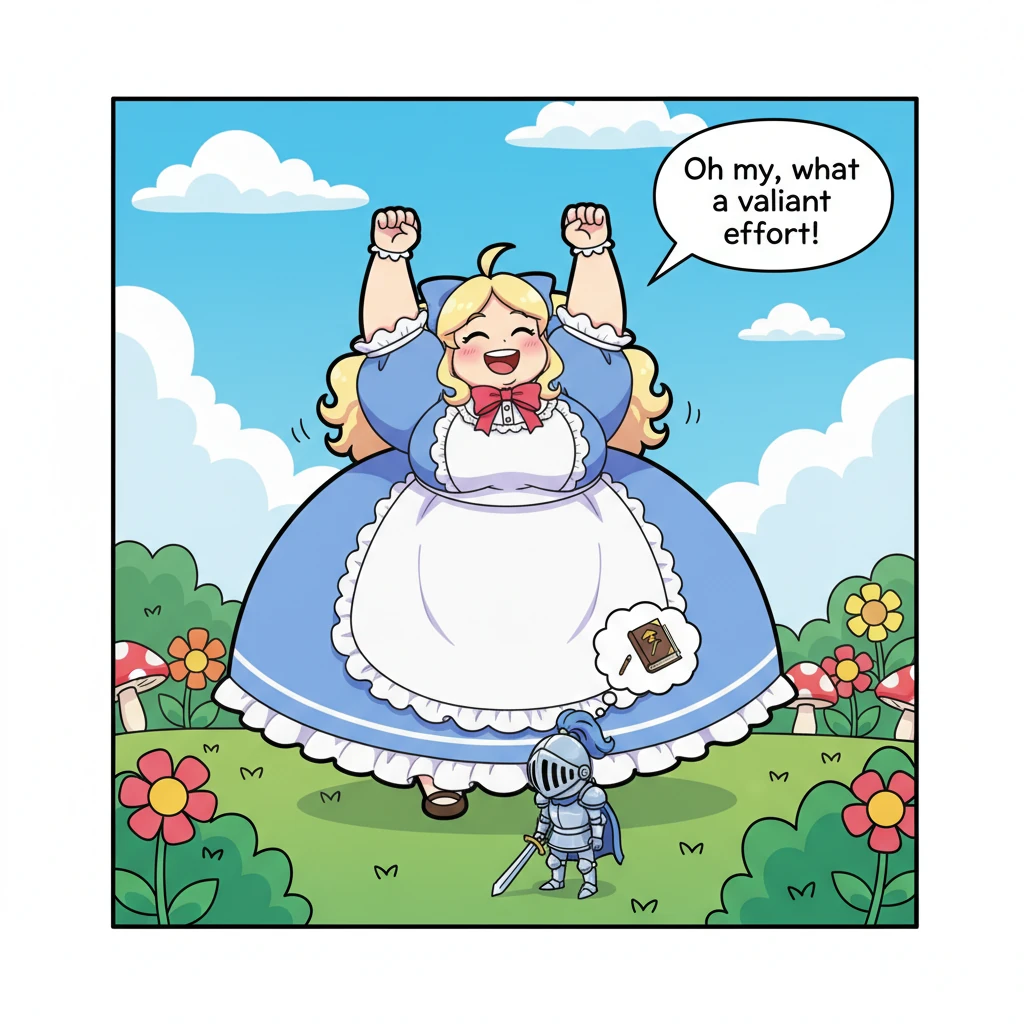 Alice barely felt a thing, though she humored the knight with a dramatic, exaggerated stretch, as if growing just a tiny bit. "Oh my, what a valiant e