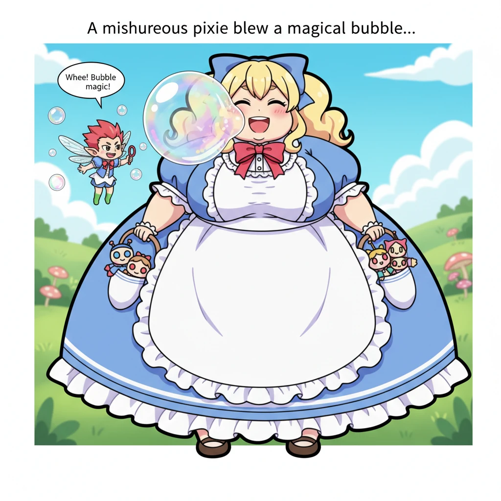 Next, a mischievous pixie, no bigger than Alice's fingernail, zipped forward, carrying a giant (to him) bubble wand. With a flourish, he blew a shimme