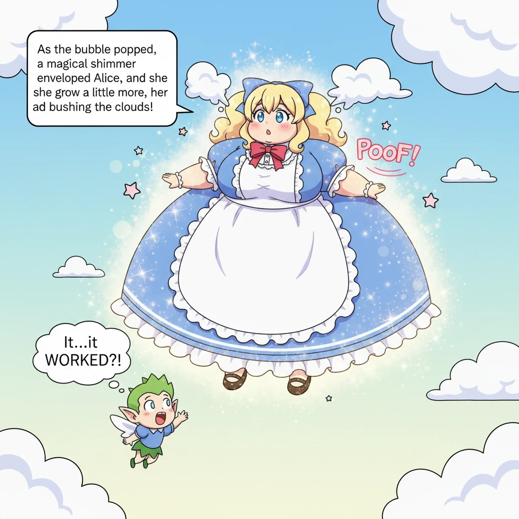 As the bubble popped, a soft, magical shimmer enveloped Alice, and she seemed to swell just a little more, her form expanding with a gentle "poof" sou