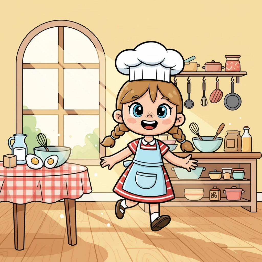 Sara, les yeux pétillants, entre dans la cuisine, un grand sourire aux lèvres. Elle a décidé de préparer un délicieux gâteau surprise pour sa famille. Des rayons de soleil joyeux traversent la fenêtre, illuminant la pièce.