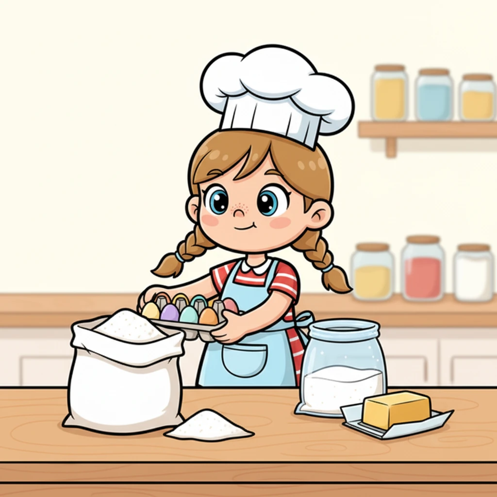 Avec détermination, Sara rassemble tous les ingrédients nécessaires sur le comptoir. Un grand sac de farine blanche, des œufs frais dans une boîte colorée, du sucre scintillant et un bloc de beurre doré l'attendent.