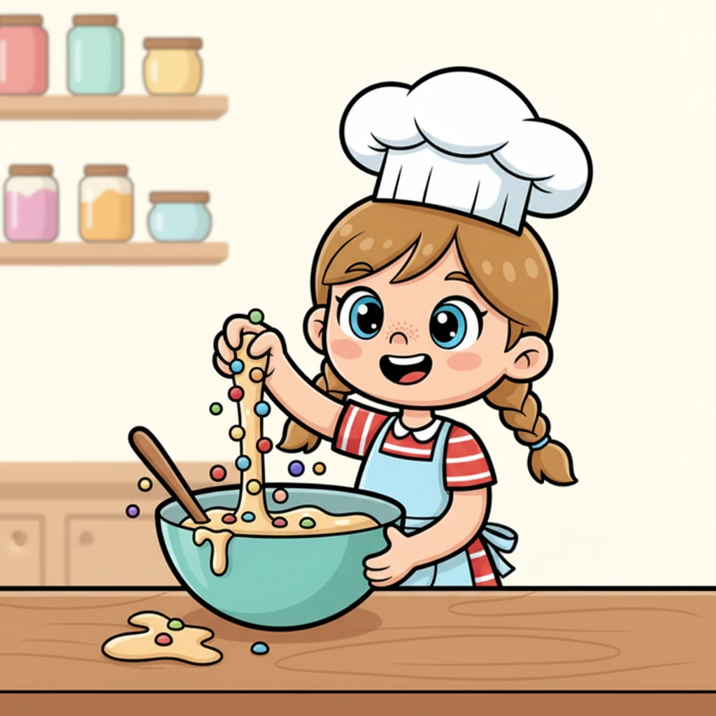 Pour rendre son gâteau encore plus spécial, Sara ajoute une poignée de pépites de chocolat multicolores. Ses yeux s'illuminent en les voyant tomber dans la pâte, promettant une explosion de saveurs.