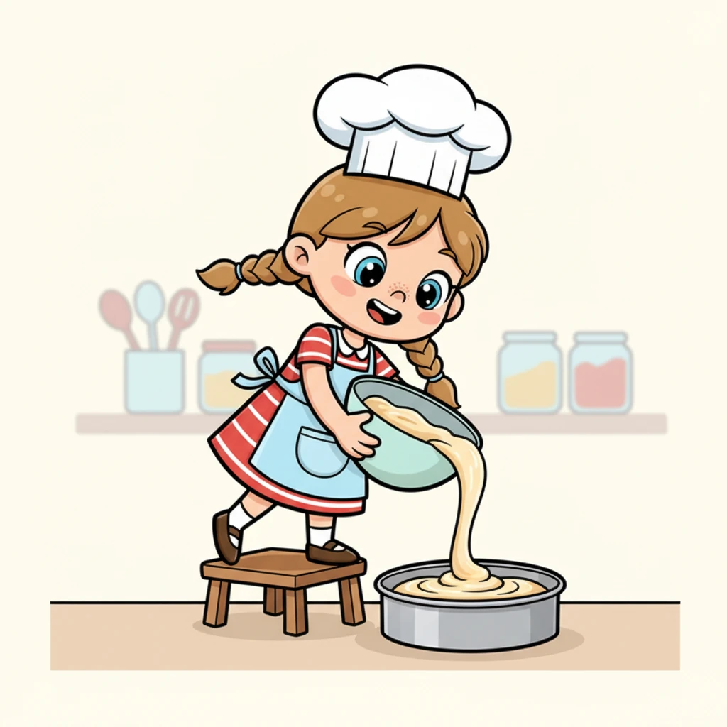 La pâte bien mélangée est maintenant prête à être versée. Sara soulève le grand bol et incline doucement le contenu dans un moule à gâteau rond et brillant. La pâte coule en spirale, remplissant le moule.