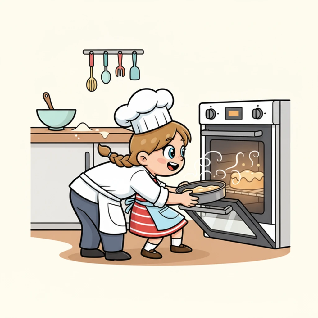 Avec l'aide d'un adulte, Sara glisse délicatement le moule dans le four chaud. Elle regarde la porte vitrée avec impatience, imaginant déjà la forme et l'odeur du gâteau en train de cuire.