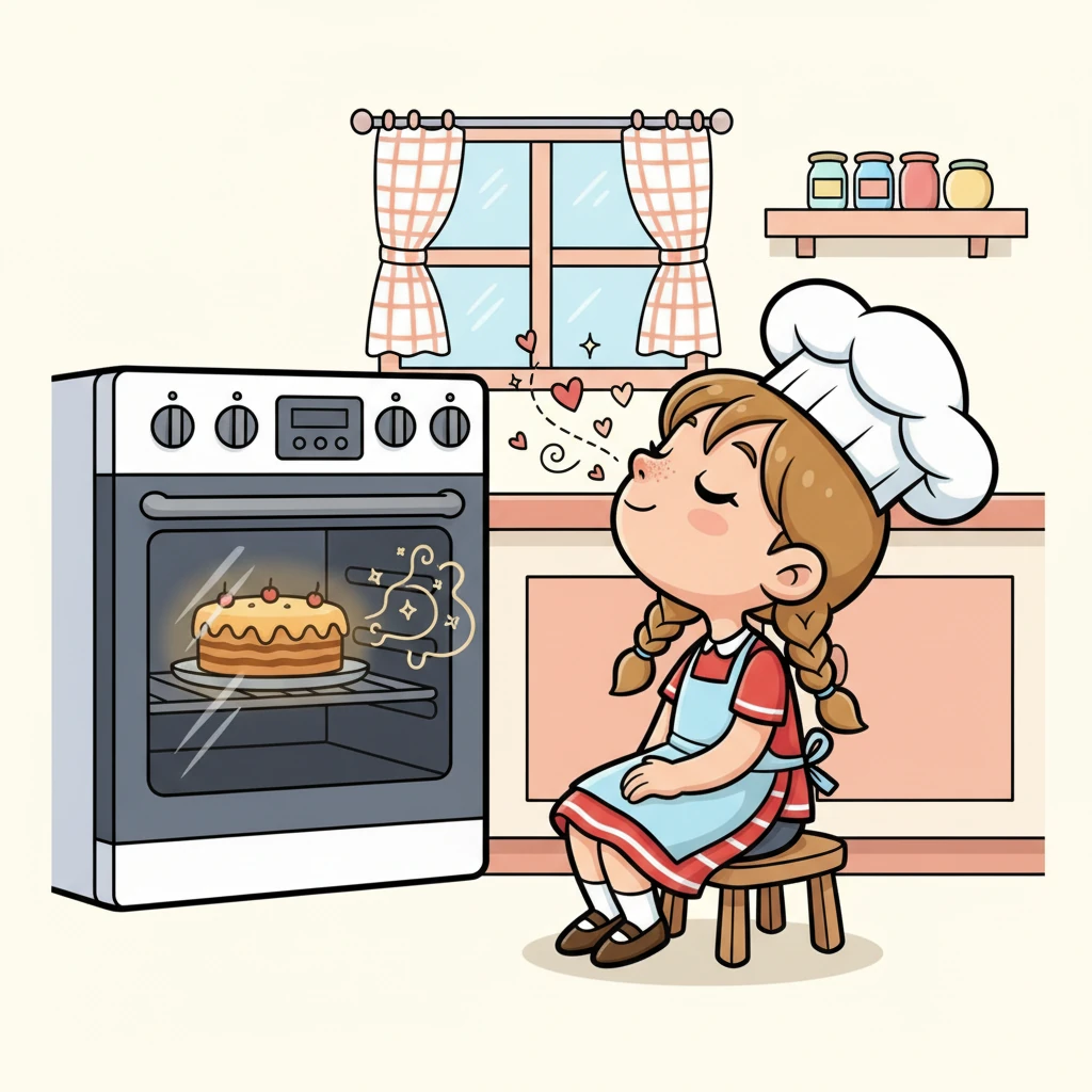 Pendant que le gâteau cuit, Sara s'assoit sur un petit tabouret, le nez levé vers le four. Une délicieuse odeur de vanille et de sucre emplit la cuisine, la faisant rêver de la première bouchée.