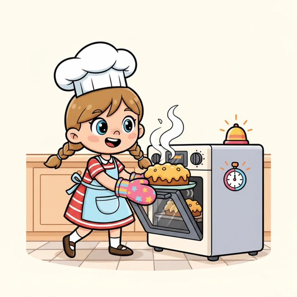 Ding ! Le minuteur sonne, annonçant que le gâteau est prêt. Avec des gants de cuisine colorés, le gâteau doré et moelleux est sorti du four, dégageant une vapeur parfumée.