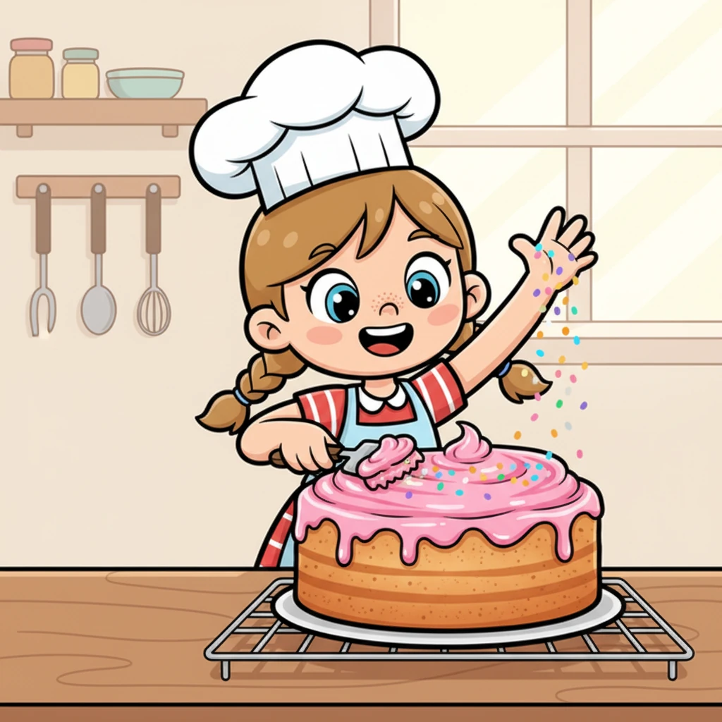 Sara est ravie de décorer son chef-d'œuvre. Elle étale un glaçage rose bonbon sur le gâteau tiède, puis parsème de joyeuses paillettes comestibles qui brillent de mille feux.