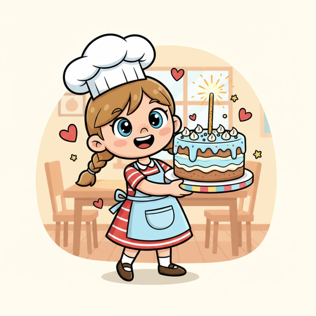 Enfin, le gâteau est terminé, magnifique et appétissant. Sara le présente fièrement, son visage rayonnant de bonheur, prête à partager sa création avec ceux qu'elle aime.