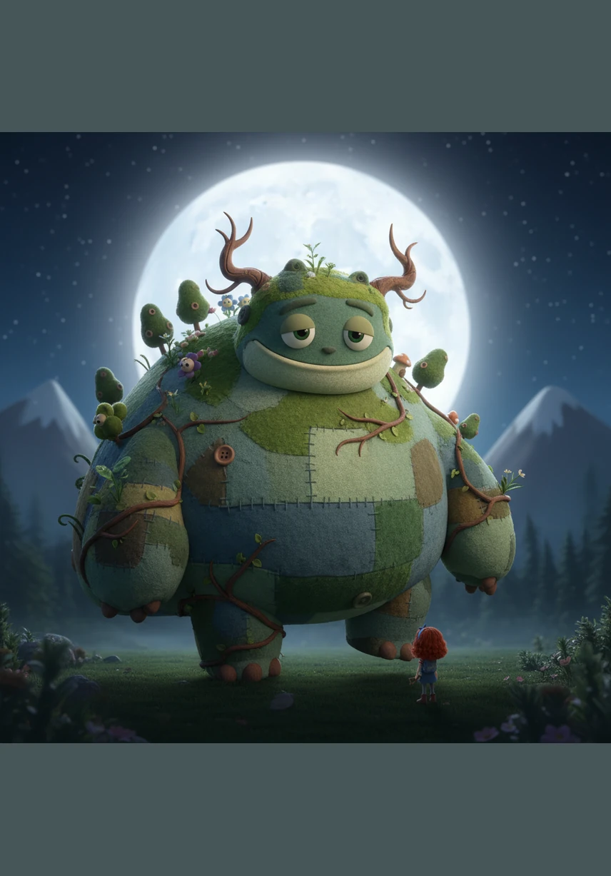 A massive creature covered in soft green moss and twisting vines stepped slowly into the moonlight. Though he was as tall as a hill and had horns like gnarled branches, his face looked gentle and his large shoulders were slumped with a quiet loneliness.