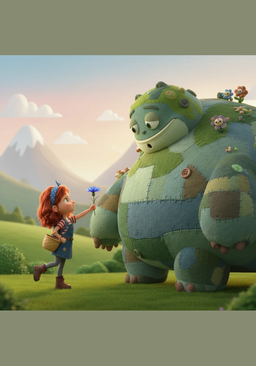 Trembling slightly, Lily reached into her basket and held out a single blue cornflower toward the giant. The monster tilted his huge head, his wide eyes blinking in surprise at the small girl's brave and kind gesture of peace.