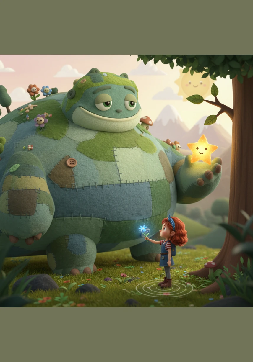 The monster reached out a giant, leafy hand and gently took the flower, letting out a soft purr that vibrated the ground beneath Lily's feet. He reached high into a nearby tree and plucked a glowing star-fruit, offering it back to her with a shy, toothy smile.