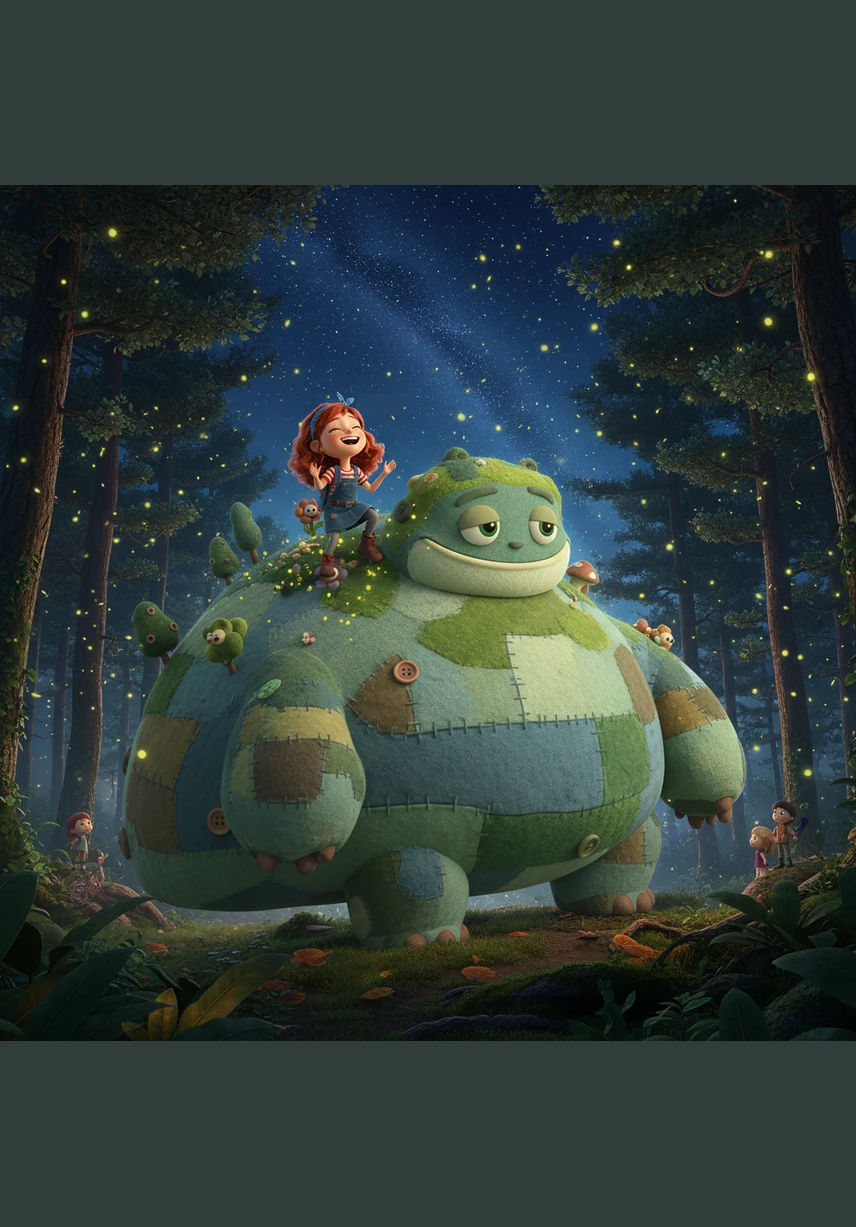 Soon, the forest was filled with the sound of laughter as the monster lifted Lily onto his broad, mossy shoulders. From high above, she could see the entire woodland sparkling with thousands of fireflies under the vast, starry sky.