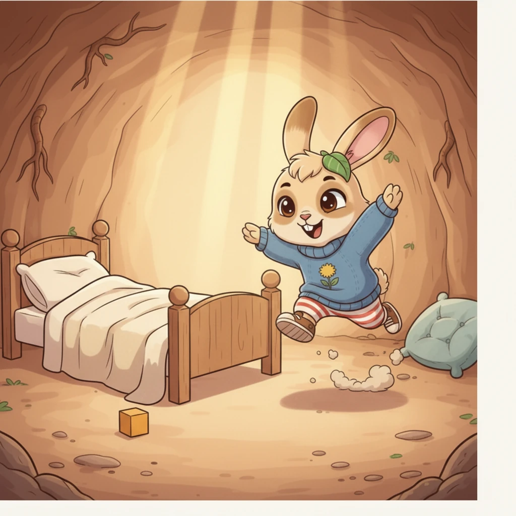 One sunny morning, Mama Bunny gently suggested, "Pip, it's time you learned to make your own bed." Pip just wiggled her nose and hopped off to play, leaving her cozy blanket in a tangle.
