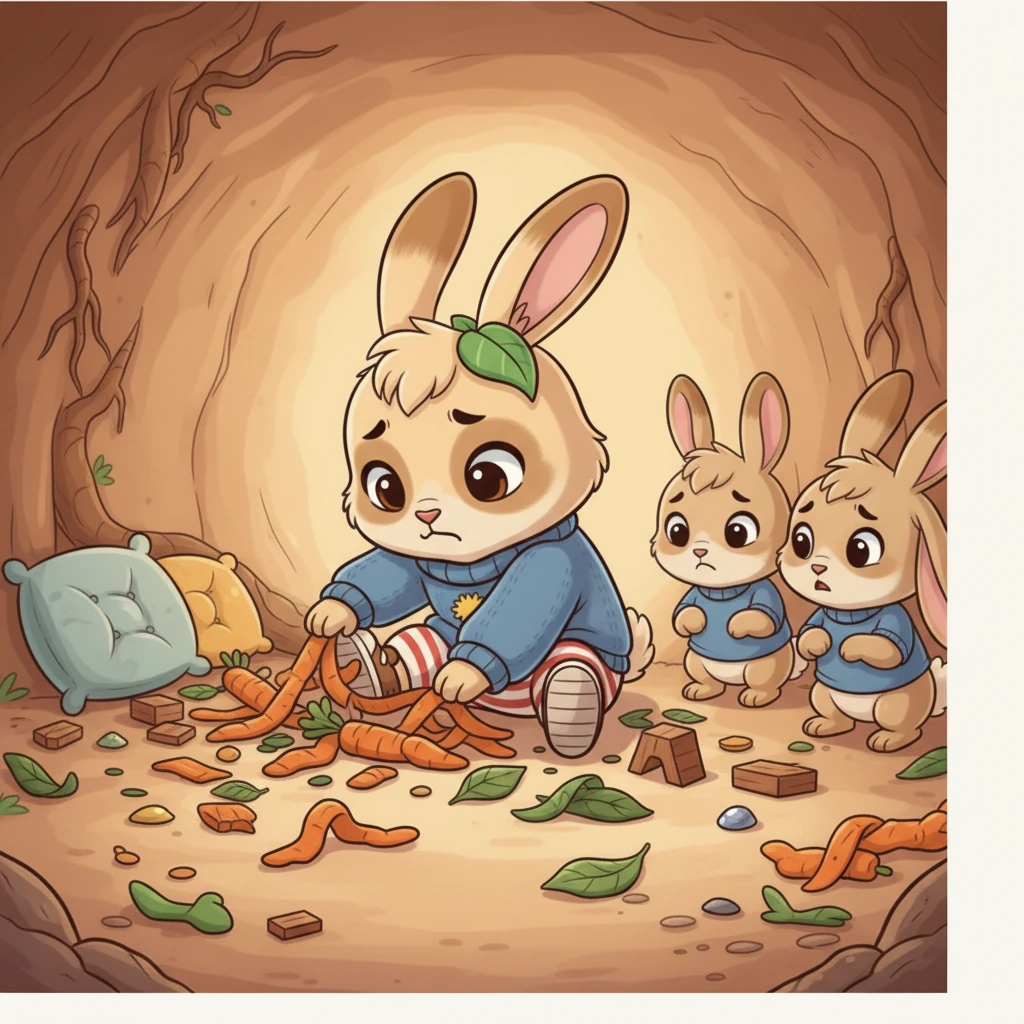 Days turned into weeks, and Pip's corner of the burrow became a bit of a mess. Carrot peels lay scattered, and her favorite shiny pebbles were lost under a pile of leaves. Her siblings found it hard to play in her cluttered space.