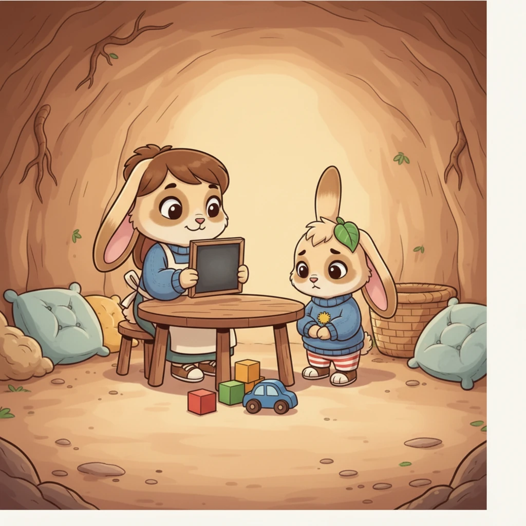 Mama Bunny called a family meeting. "We all need to help keep our home tidy," she explained. Pip looked down at her paws, feeling a little bit ashamed of her messy habits.
