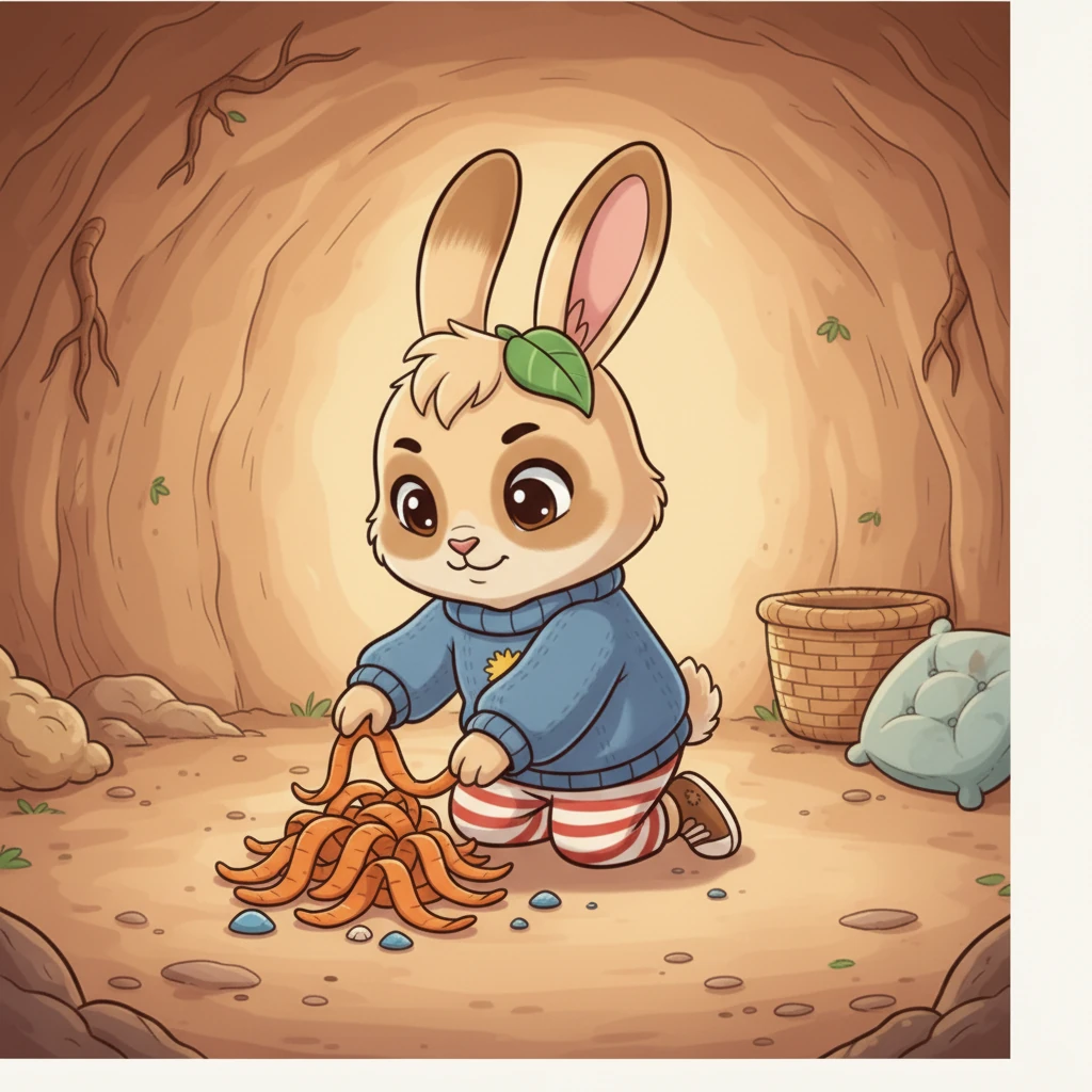 Slowly but surely, Pip started to help. She picked up a stray carrot peel, then another. She gathered her shiny pebbles and put them in a small, neat pile. The burrow began to look much tidier.