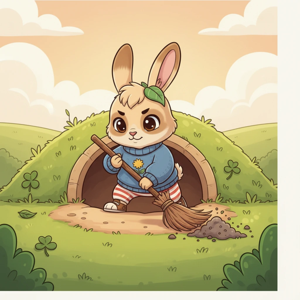 Soon, Pip was not just tidying her own space, but helping with other chores too. She helped gather fresh clover for dinner and even swept the burrow's entrance with a tiny twig broom.