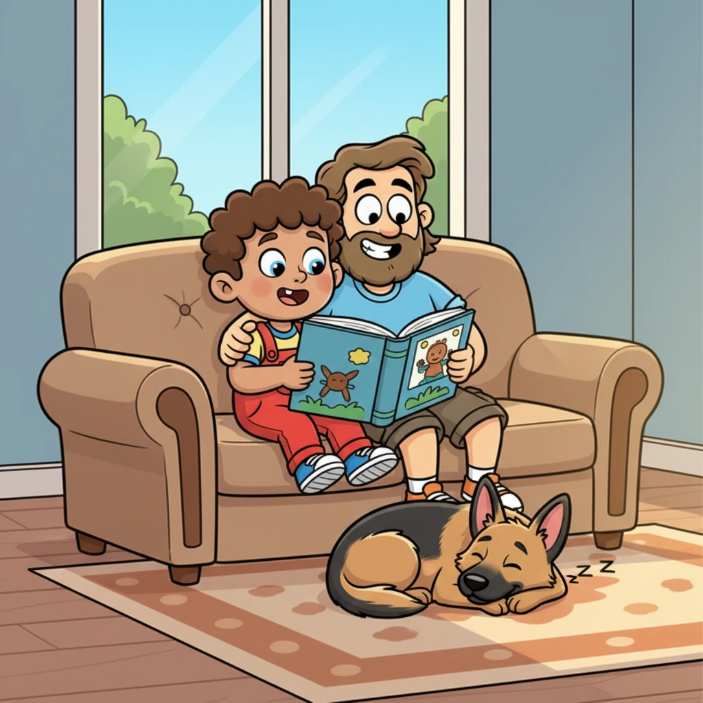 Leo and his dad, Mark, were snuggled up on the comfy couch, a big picture book open between them. Outside, their happy German Shepherd, Max, was dozing in a sunny spot on the rug.