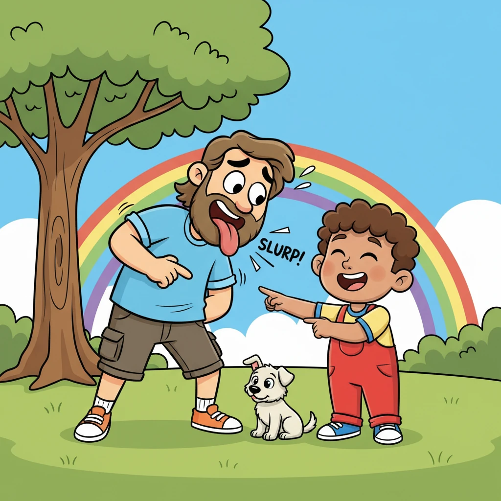 Dad dramatically re-enacted the "surprise lick," making a funny, startled face and sticking out his tongue with a loud 'SLURP!' It looked like a very wet and unexpected kiss.