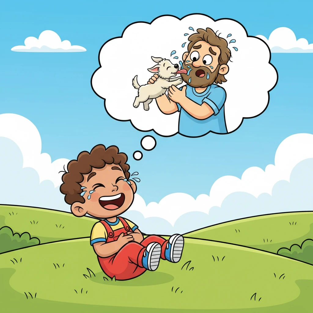 Leo burst into a fit of giggles, imagining his usually composed dad caught off guard and covered in dog slobber. He found the whole idea absolutely hilarious, rolling with laughter.