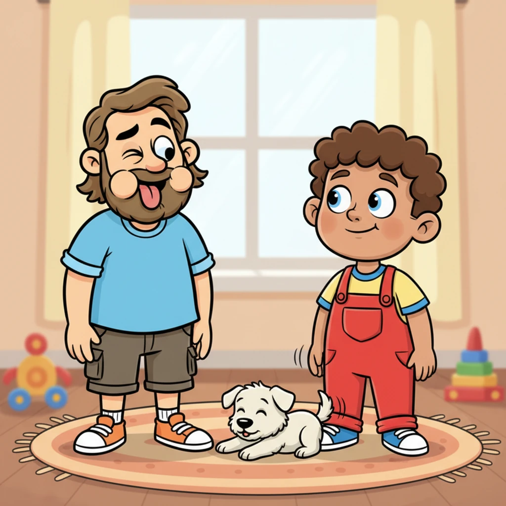 A playful spark ignited in Leo's eyes. He looked from his dad's funny face to Max, who was now stirring from his nap, tail giving a gentle thump-thump on the floor.