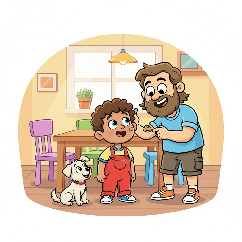 With a chuckle, Dad carefully dabbed a tiny swirl of peanut butter onto Leo's cheek, just by his mouth. He made sure it was a safe, small amount, easy for Max to find.