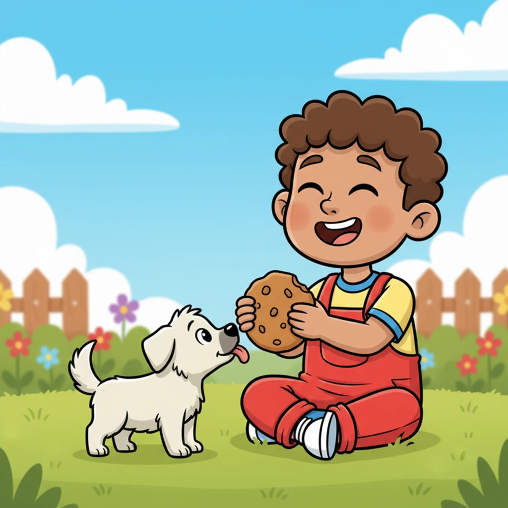 Max, tail wagging gently like a happy broom, approached Leo. He sniffed the air, then the peanut butter, and gave a soft, gentle, and very happy lick, making Leo giggle with pure delight.