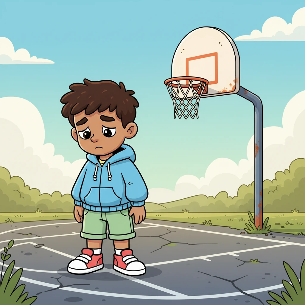 Leo, a cheerful boy with bouncy red sneakers, stood sadly beside the old basketball court. The hoop was rusty, the lines were faded, and not a single ball bounced, making the court feel lonely and forgotten. He wished for a way to bring all the kids back to play together.