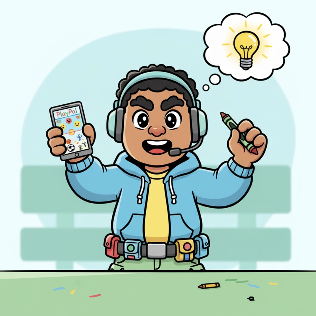 Suddenly, a bright idea popped into Leo's head, like a lightbulb shining! He imagined a magical app on his imaginary phone, where everyone could find friends to play with instantly. He sketched a playful drawing of his 'PlayPal' app, showing smiling faces and a vibrant court.