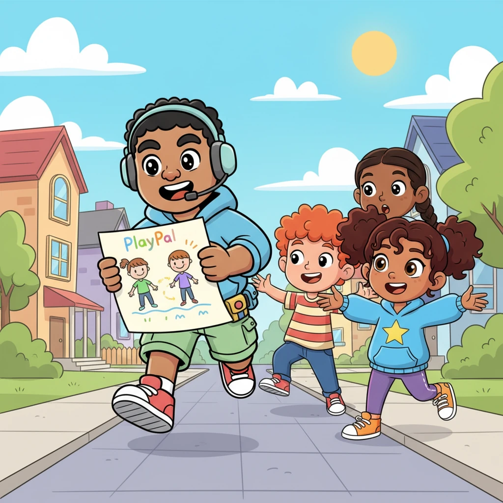 With his drawing in hand, Leo zipped around the neighborhood, excitedly telling his friends about his 'PlayPal' idea. He showed them how they could easily find each other for a game, making new friends and rediscovering the joy of playing together. His friends' eyes lit up with excitement.