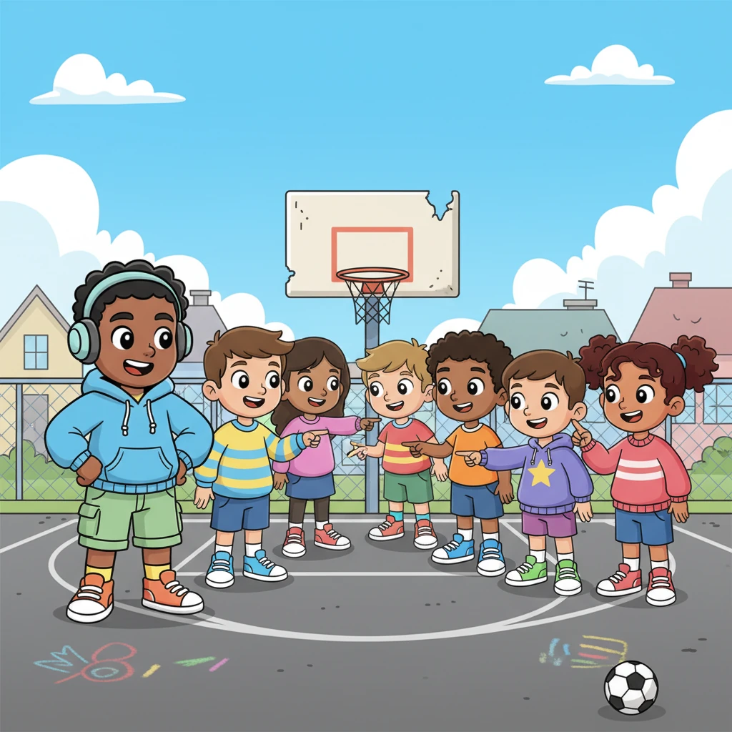 Soon, the first 'PlayPal' match was on! Kids from different streets, all wearing bright, mismatched clothes and big smiles, gathered at the court. Leo, beaming with pride, watched as they sorted into balanced teams, ready for a fun and friendly game.