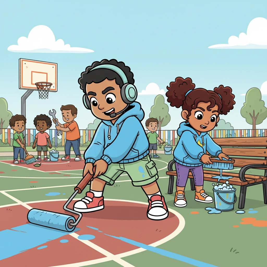 Inspired by the new games, the whole neighborhood decided to give the court a makeover. Leo, armed with a paint roller almost as big as him, led the charge, painting fresh, bold lines while others scrubbed benches and fixed the rusty hoop. The court transformed into a colorful, inviting space.