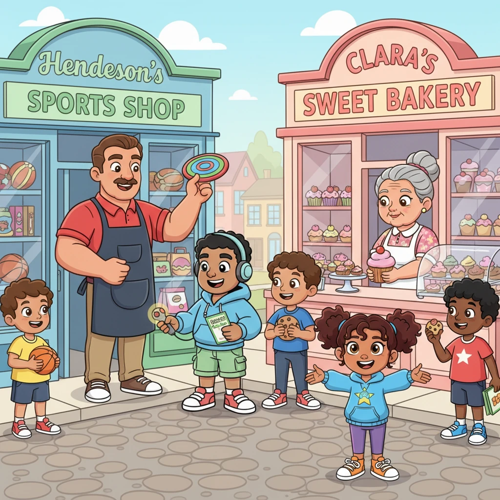 Local shopkeepers, like Mr. Henderson from the sports store and Ms. Clara from the bakery, noticed all the happy activity. They loved seeing the kids play and offered special treats and discounts to the 'PlayPal' players. Their shops buzzed with young customers.
