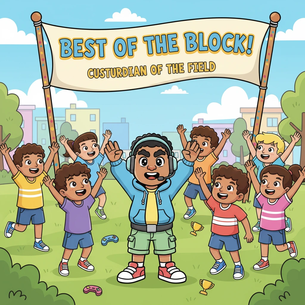 The 'Local Legend' tournament was a huge success, with teams cheering and high-fiving under a banner that read 'Best of the Block!' Leo, recognized for his amazing idea and hard work, was celebrated as a 'Custodian of the Field,' a true hero of fun and fairness.