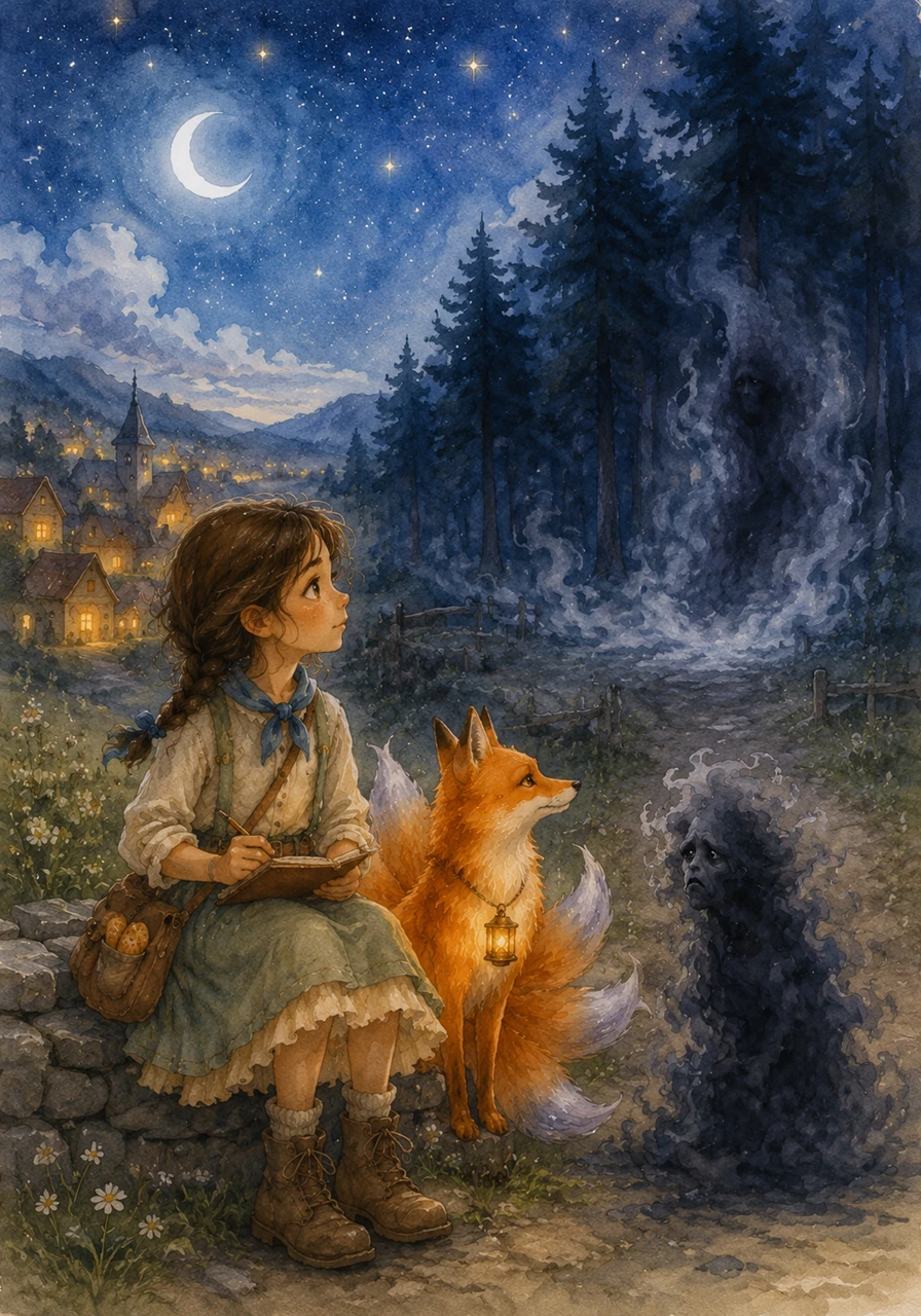 In the peaceful village of Willowbrook, a curious girl named Mira sat with her notebook, gazing toward the mysterious Moonwhistle Forest. While others feared the whispers of the wind, Mira wondered about the secrets hidden within the ancient trees and the magic of the twinkling stars above.