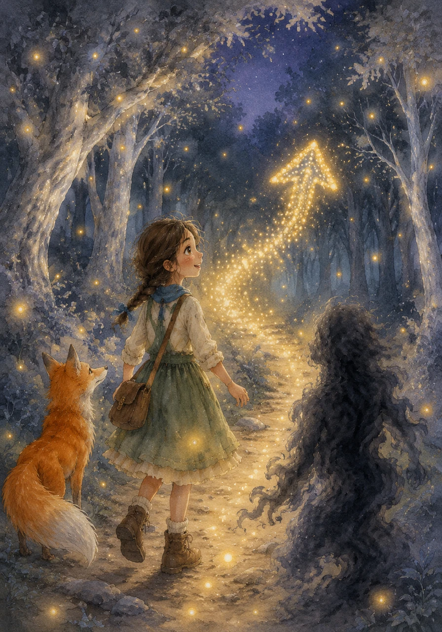 One cool evening, hundreds of golden fireflies swirled in the twilight air, coming together to form a glowing arrow. The sparkling path pointed directly into the heart of the forbidden forest, and Mira, filled with excitement rather than fear, decided to follow the light beneath the silver trees.