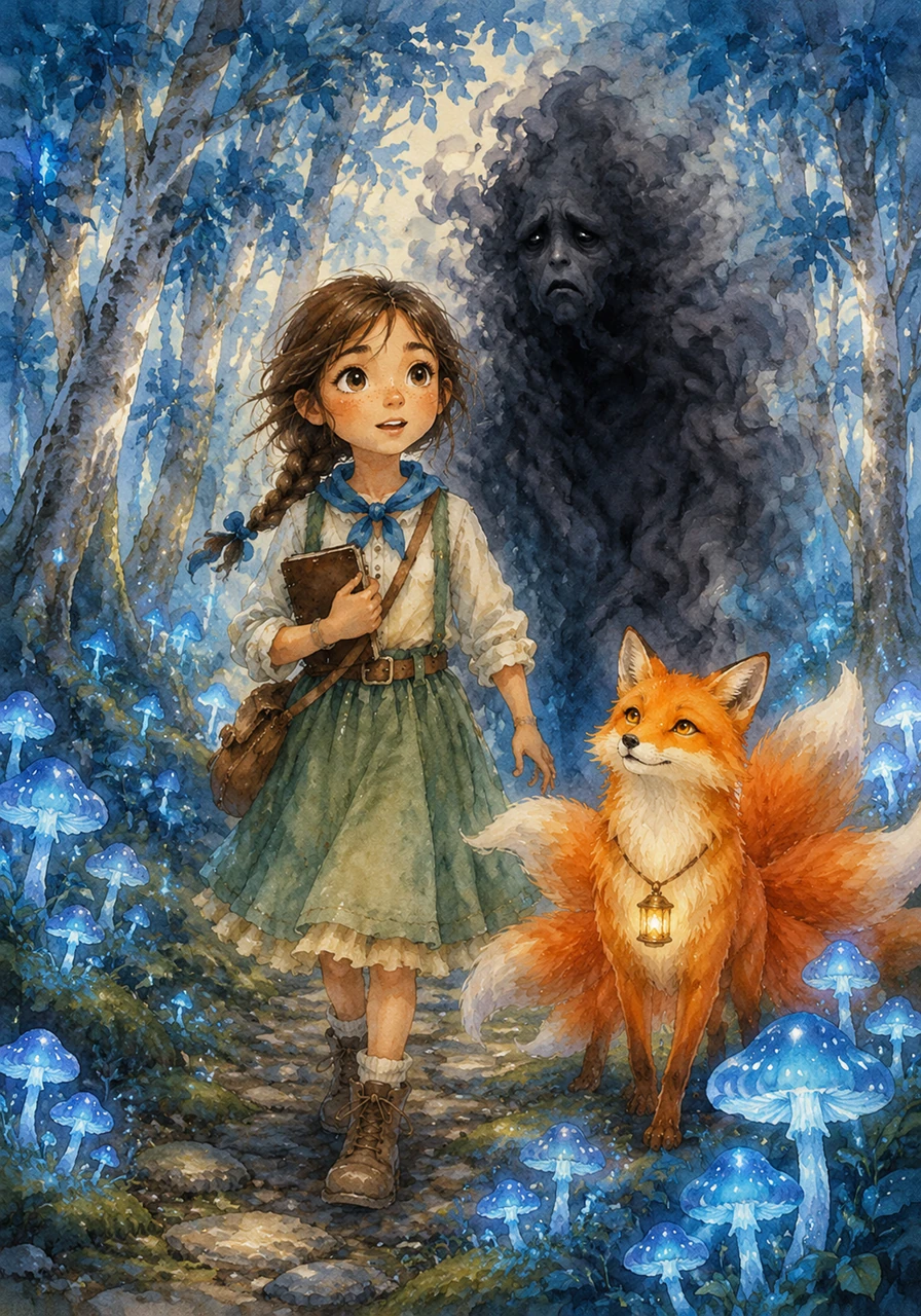 Inside the forest, the world transformed into a shimmering wonderland of blue leaves and glowing mushrooms that lined the mossy paths. The air smelled of fresh rain and mint as Mira stepped deeper into the silver-barked woods, her eyes wide with wonder at the magic surrounding her.